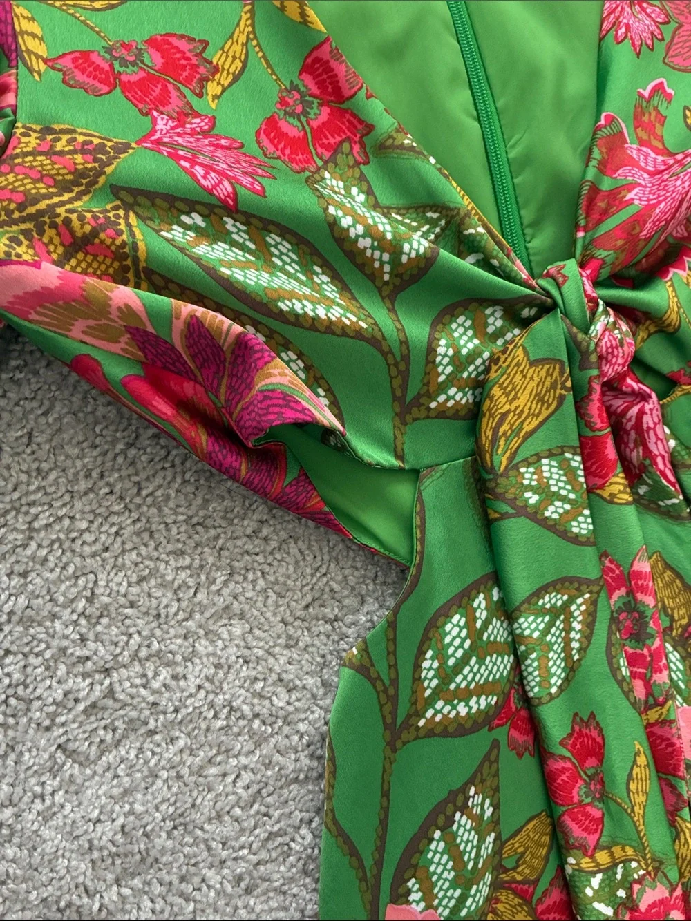 Sugarlips Green Floral Tie-Front Midi Dress with Pink Accents